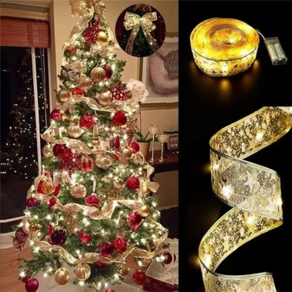 32ft 100 LED Christmas Tree String Lights with Gold Ribbon Bows -Battery Powered